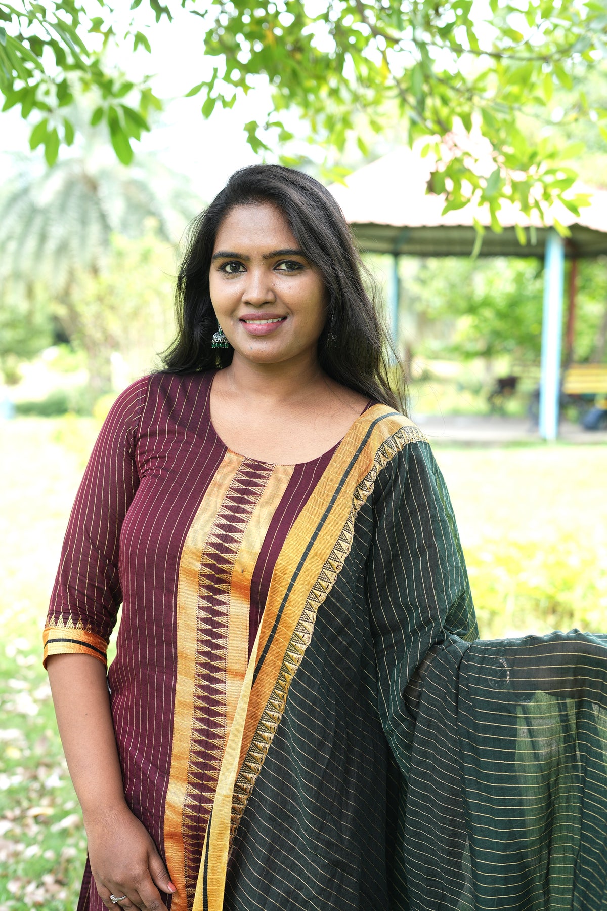 Brown and green Narayanpet salwar set