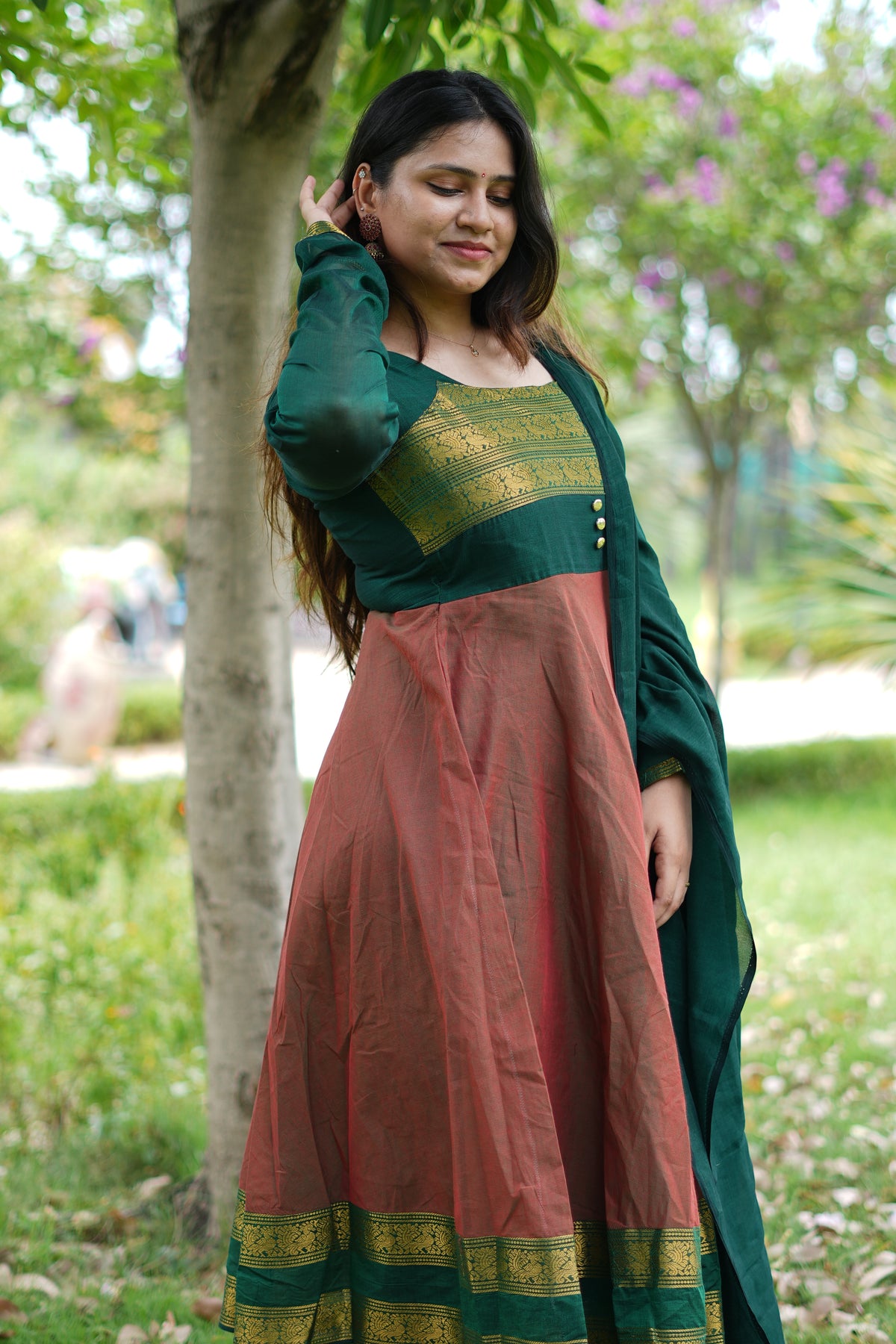 Dual tone brown and green kanchi cotton anarakali