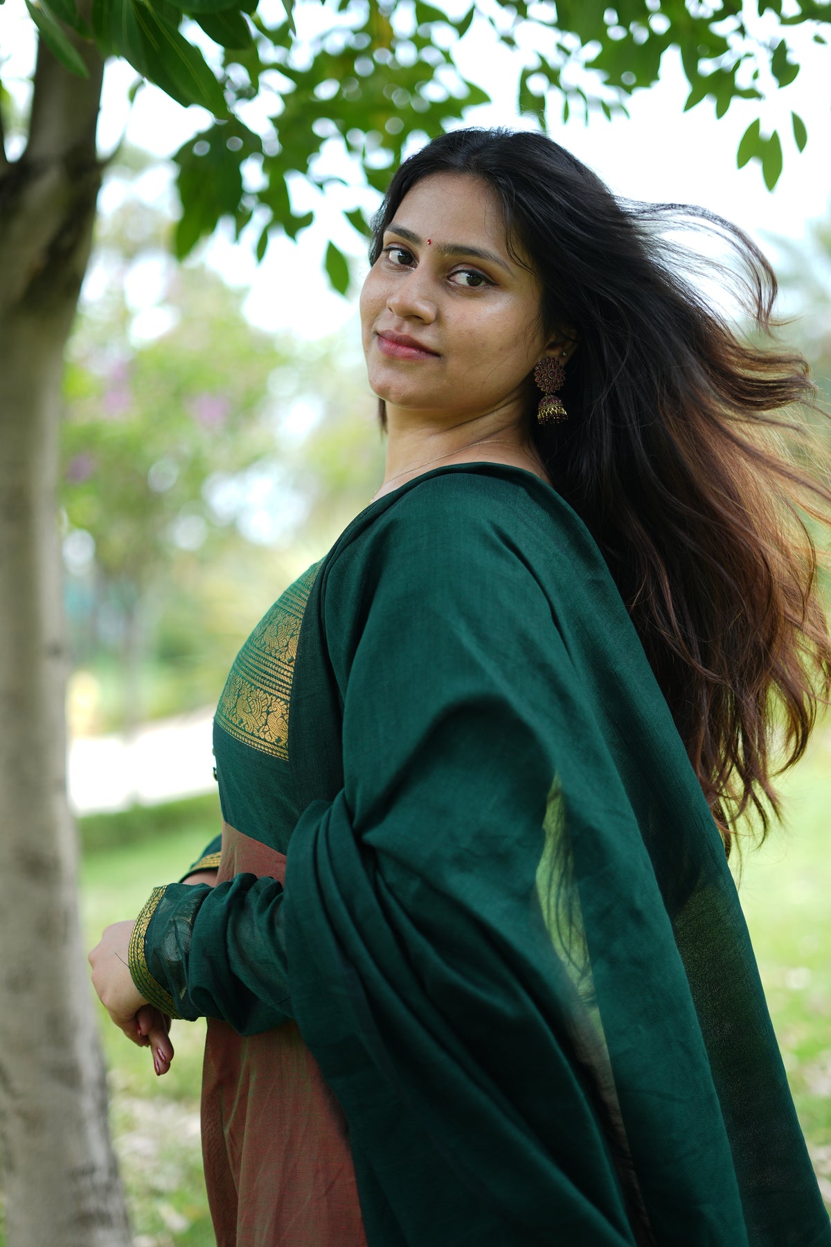 Dual tone brown and green kanchi cotton anarakali