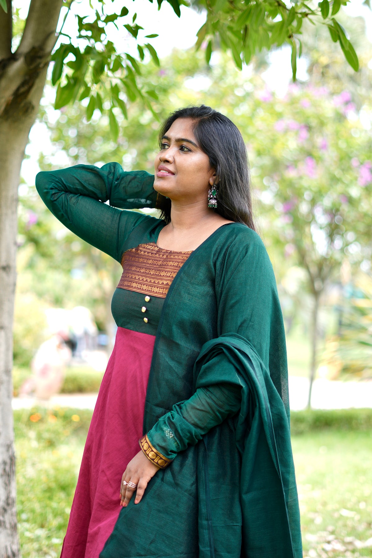 Pink and green kanchi cotton anarakali