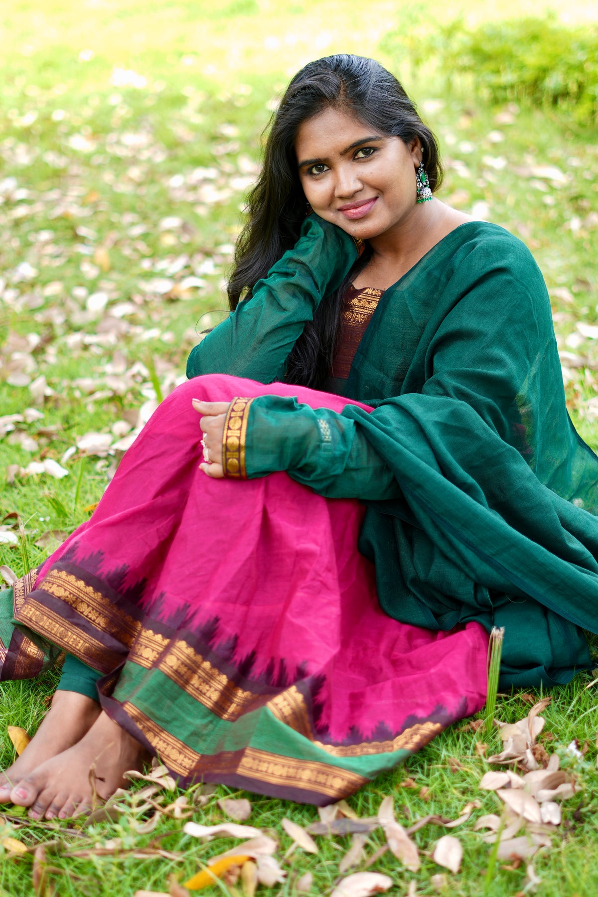 Pink and green kanchi cotton anarakali