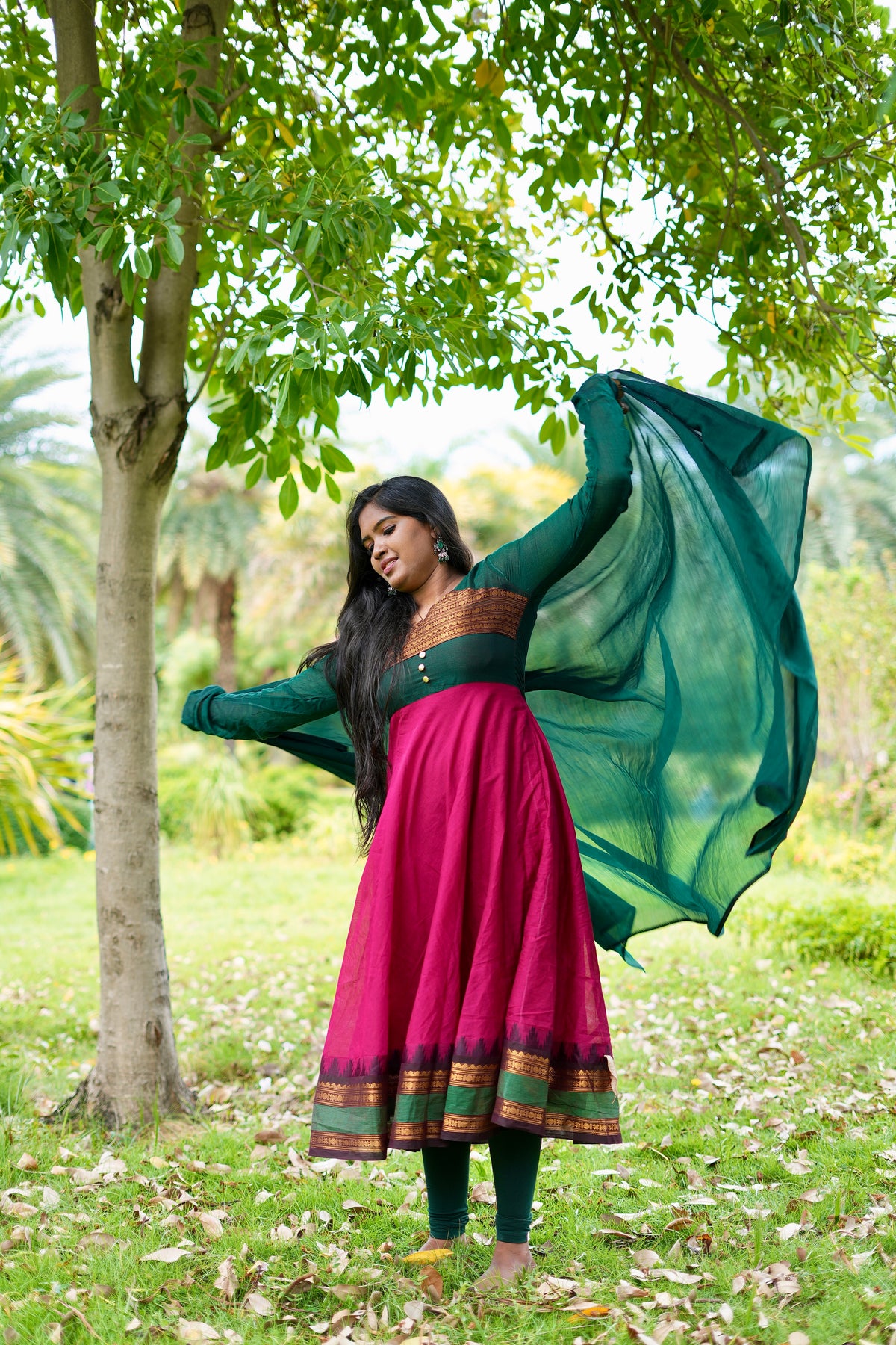 Pink and green kanchi cotton anarakali