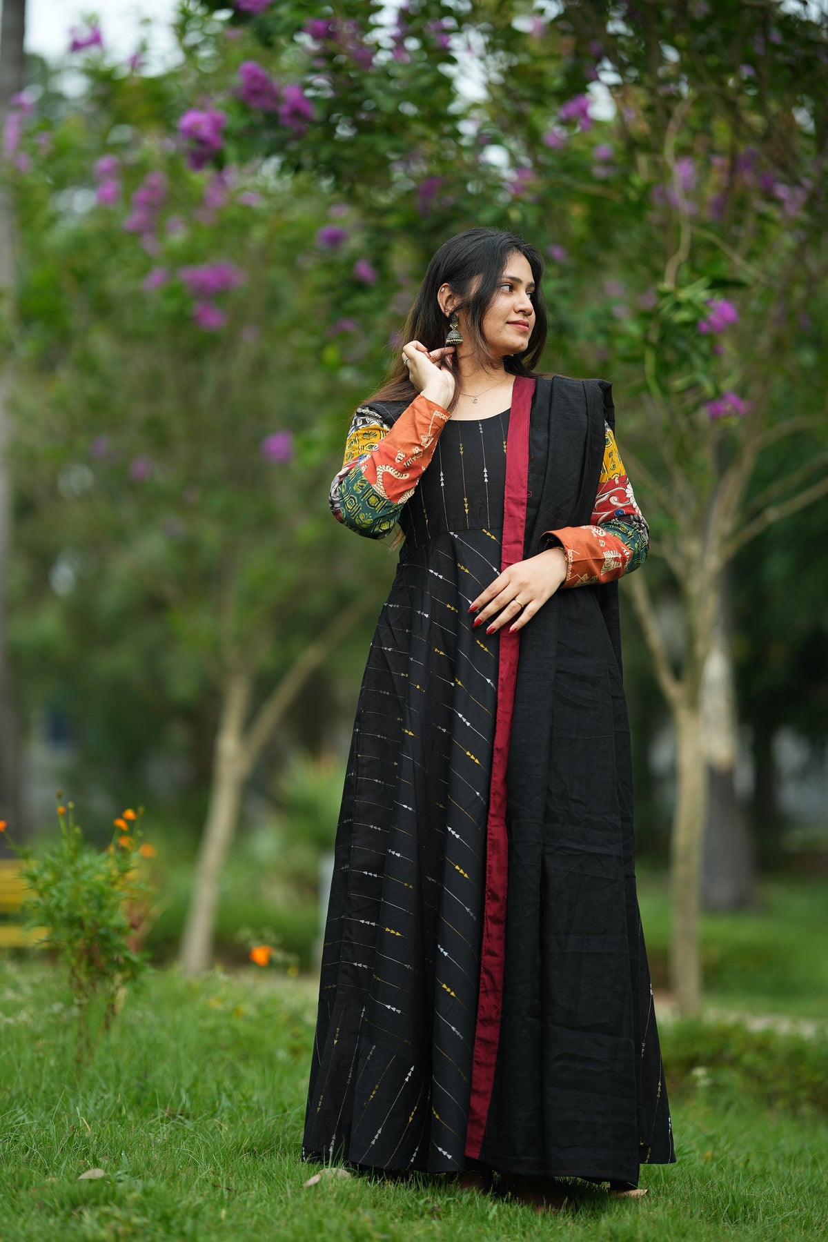 Black patchwork raw silk maxi