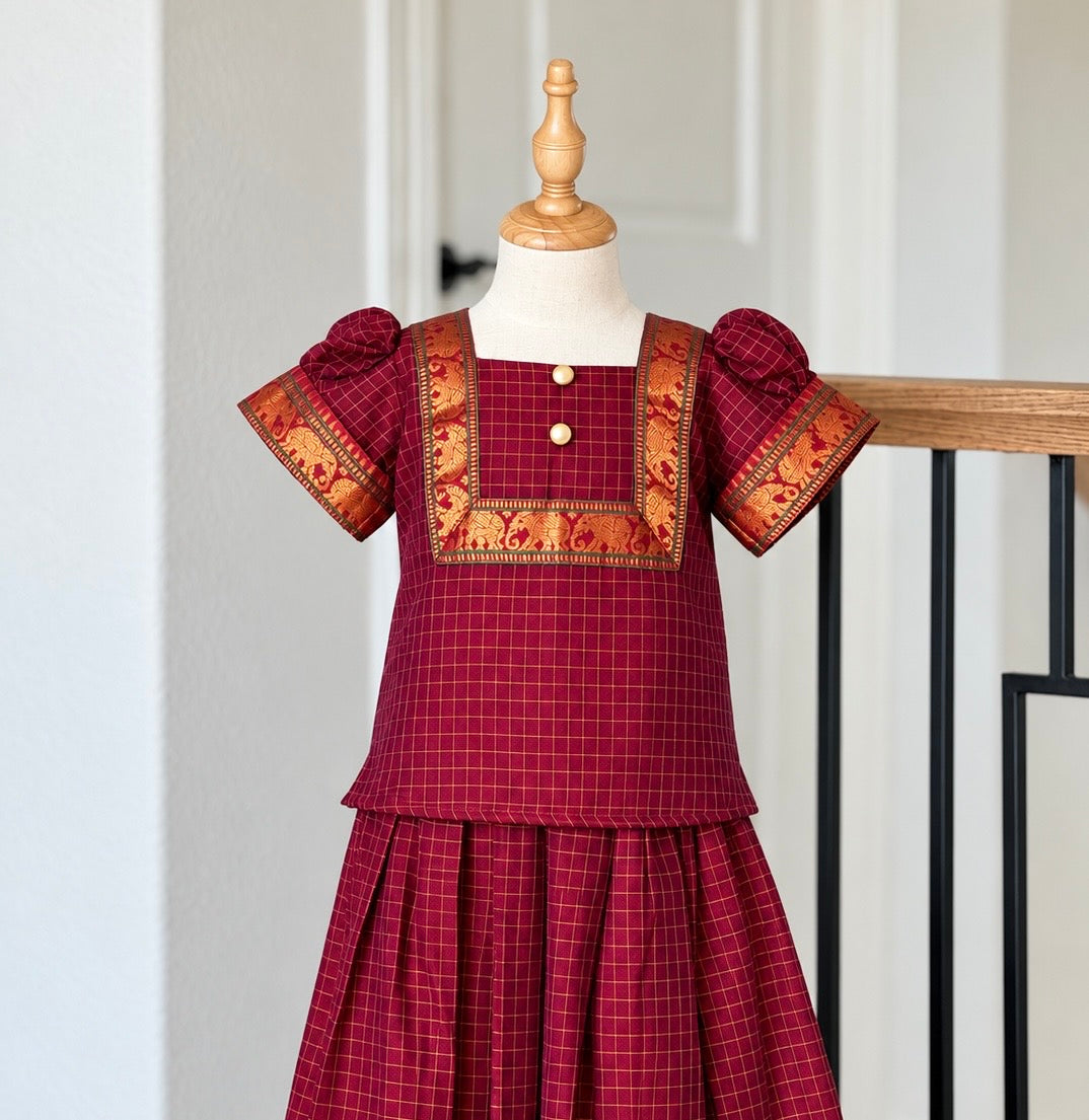 Pinkish Maroon small checks Narayanpet skirt and top