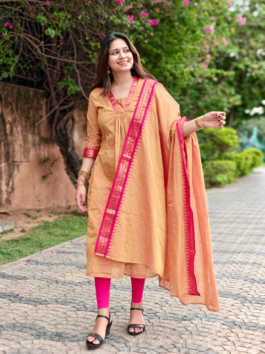 Yellow and pink Festive A-line Salwar set