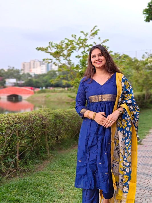 Blue A-line Festive set with Kalamkari dupatta