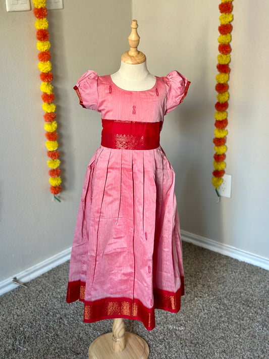 Peach and red kalyani cotton frock