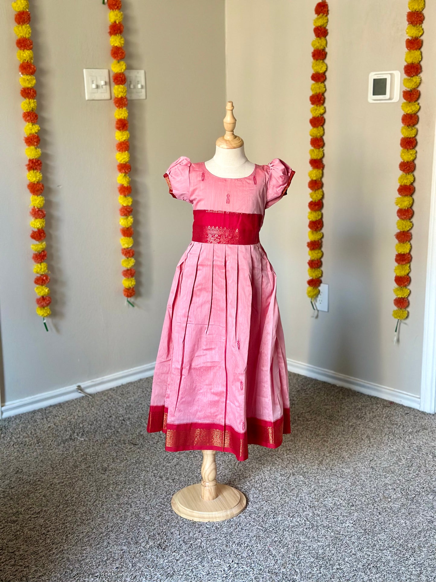 Peach and red kalyani cotton frock