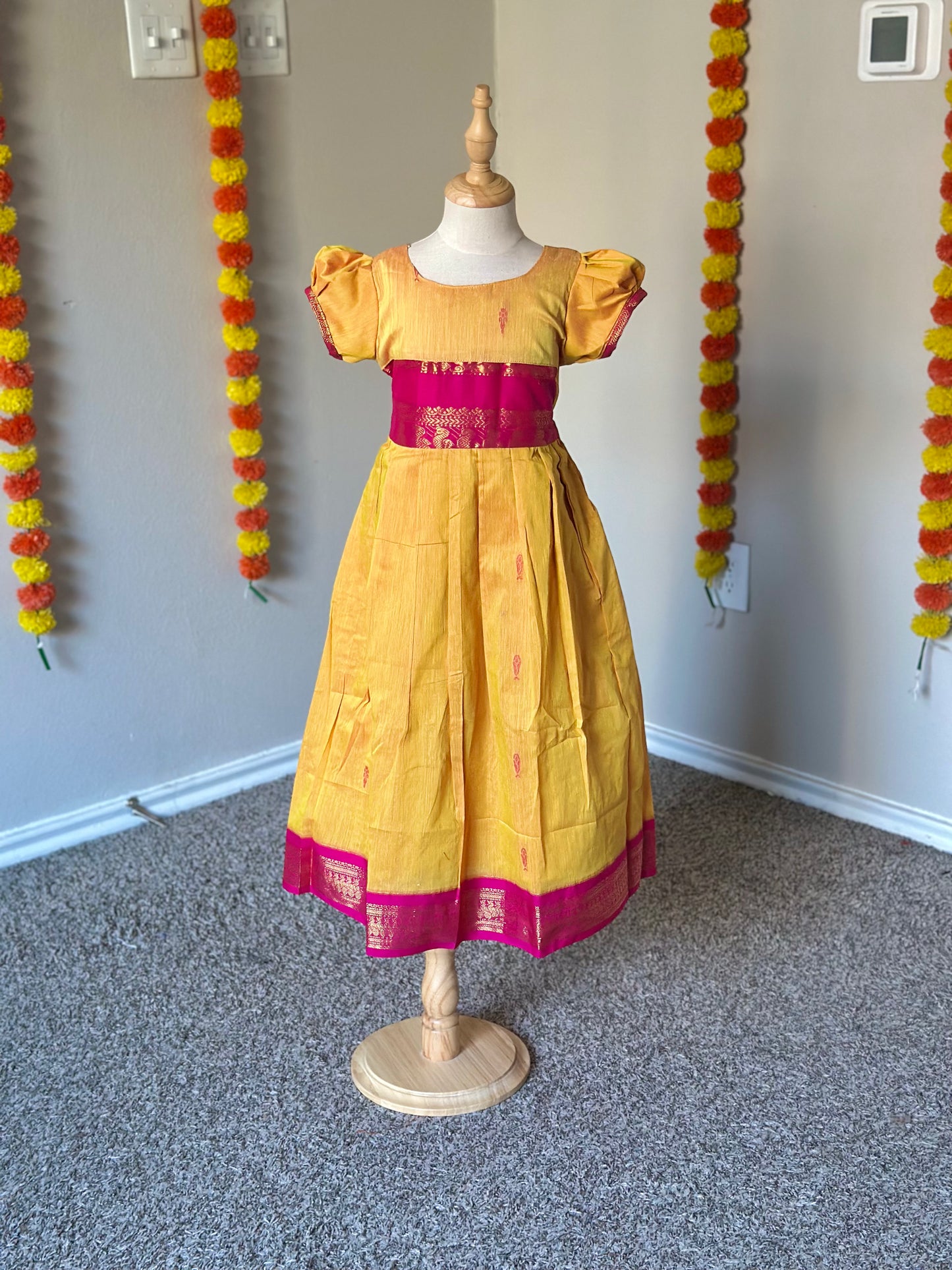 Yellow and pink kalyani cotton frock