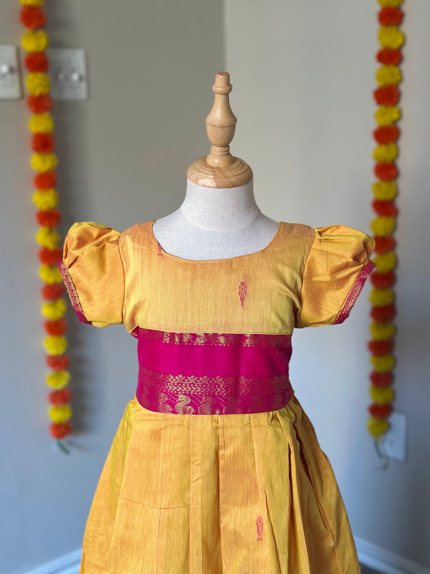 Yellow and pink kalyani cotton frock