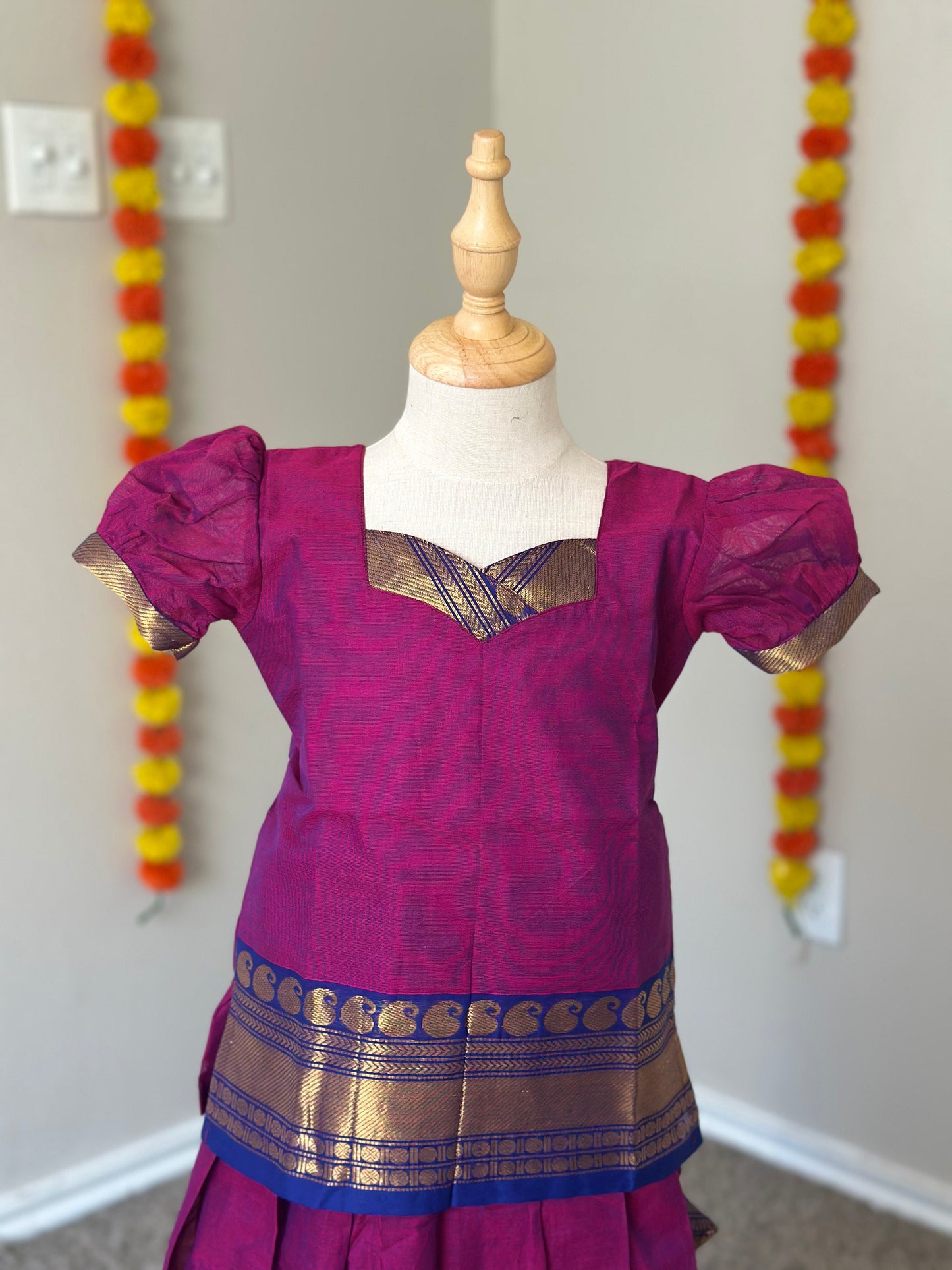 Magenta and blue Kanchi cotton skirt and top