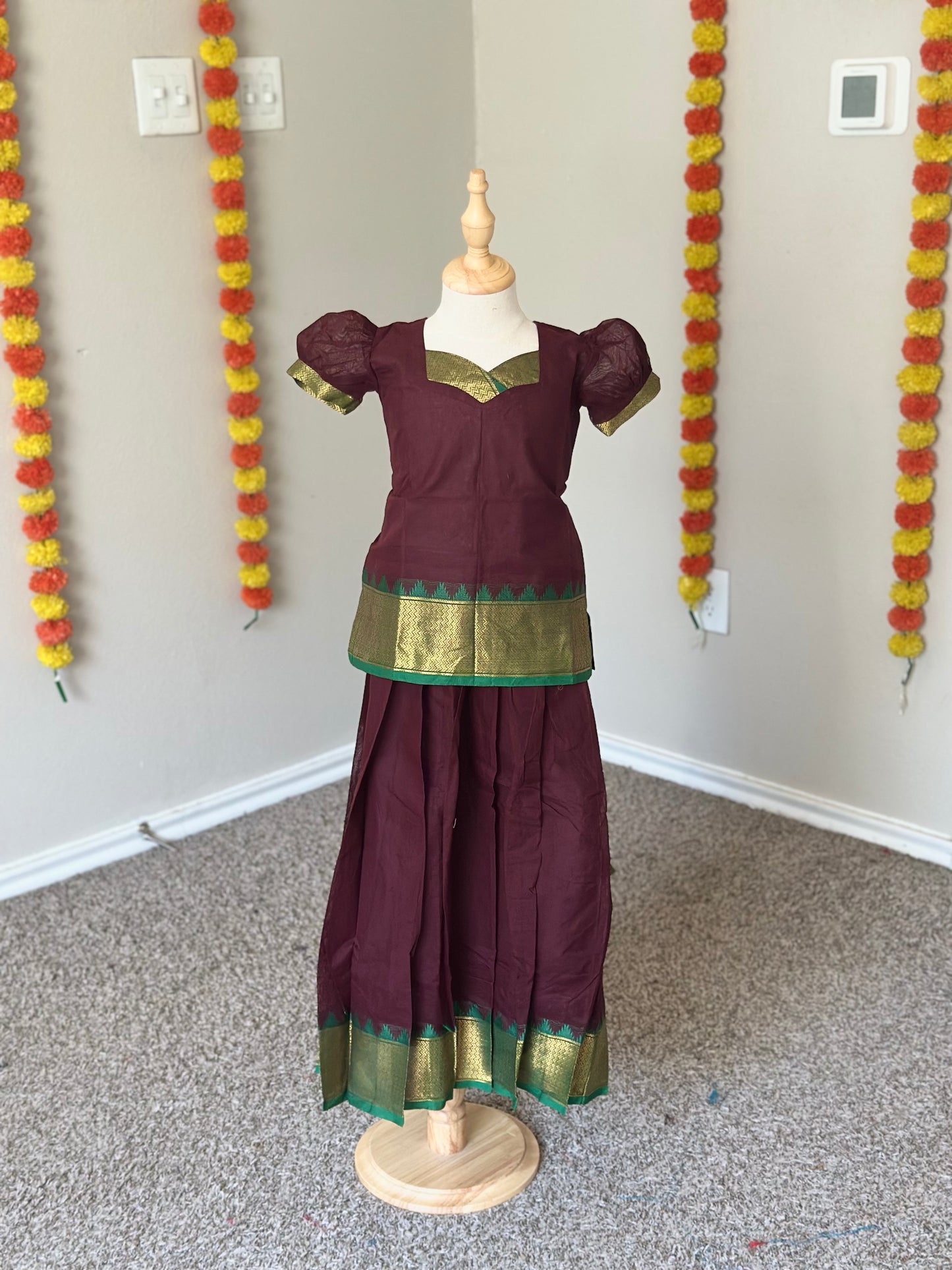 Coffee brown and green Kanchi cotton skirt and top