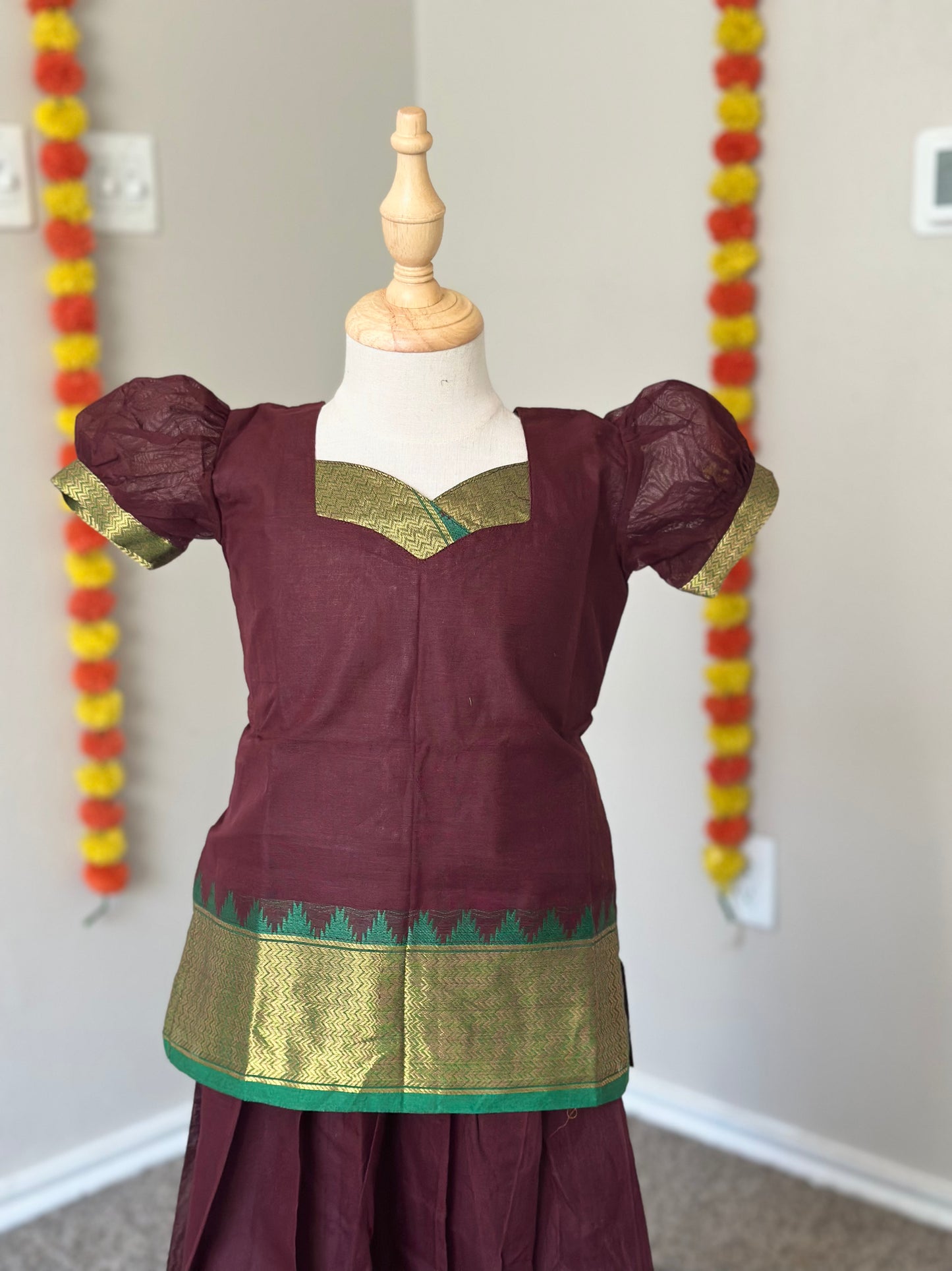 Coffee brown and green Kanchi cotton skirt and top