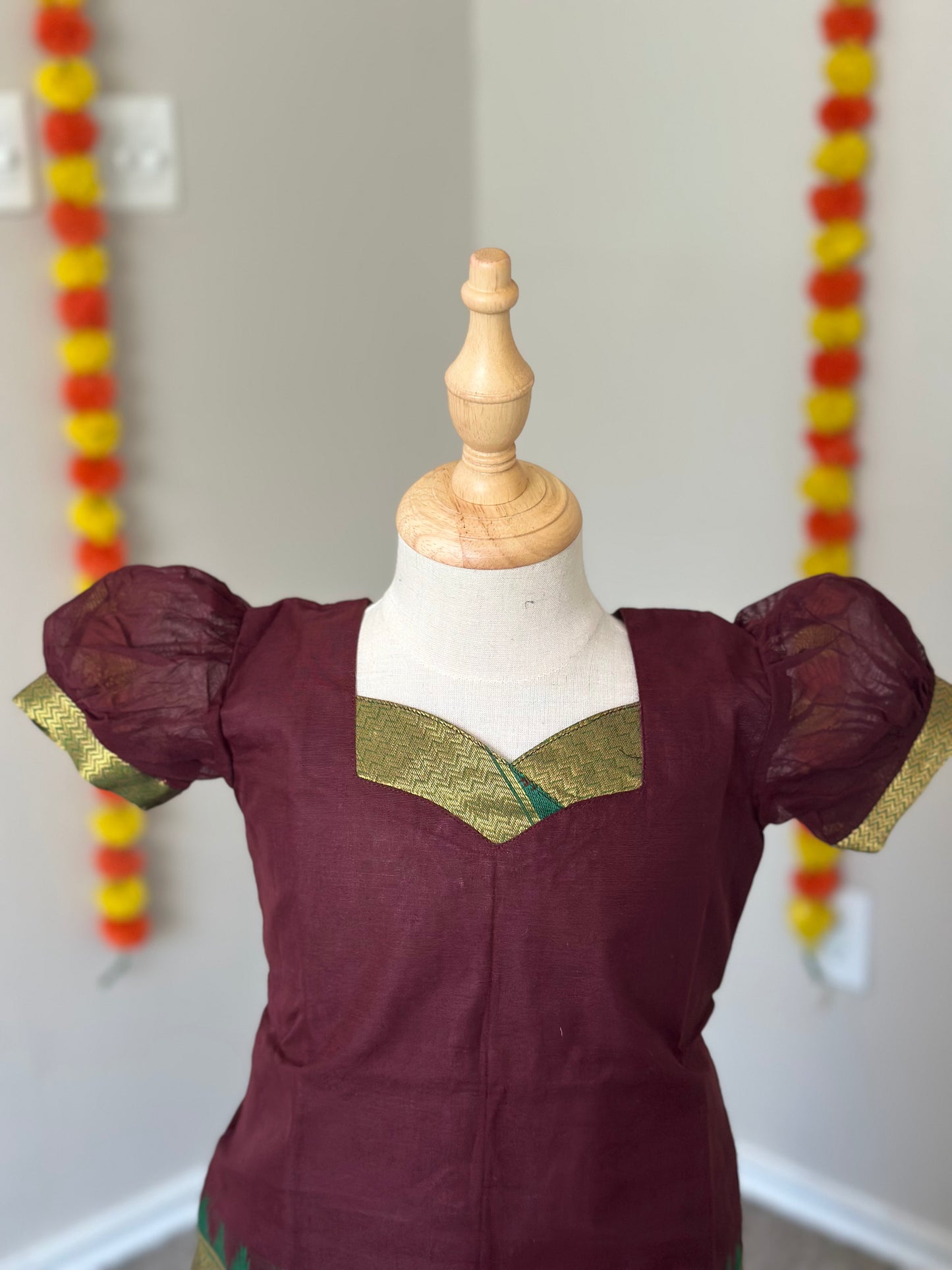 Coffee brown and green Kanchi cotton skirt and top