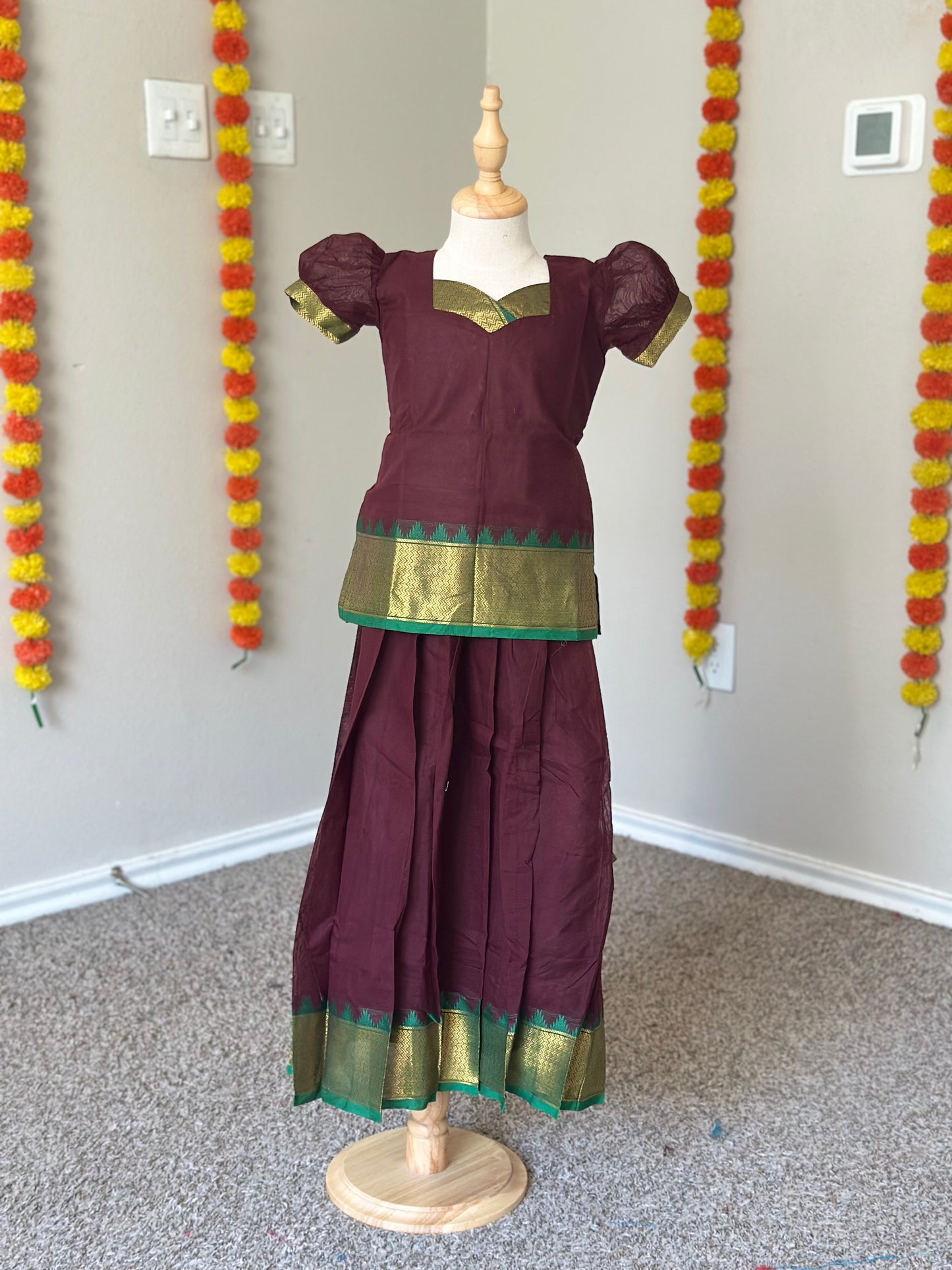 Coffee brown and green Kanchi cotton skirt and top