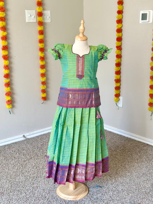 Green checks Kanchi cotton skirt and top
