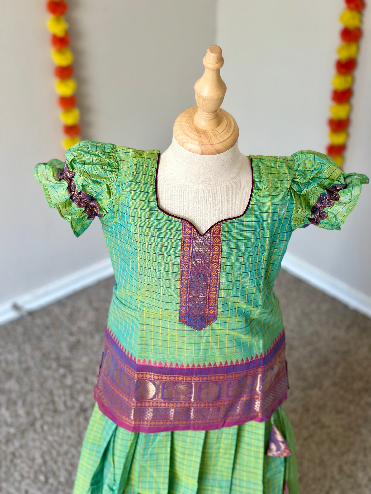 Green checks Kanchi cotton skirt and top