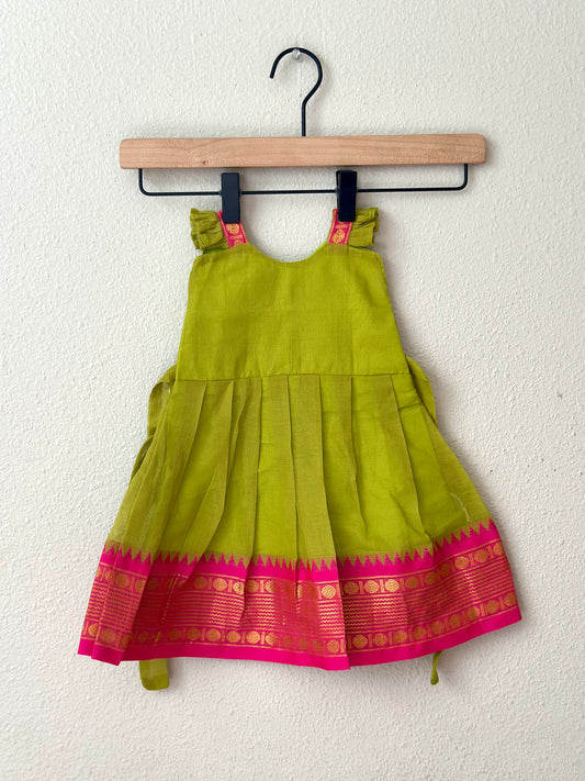 Parrot green and pink Infant frock