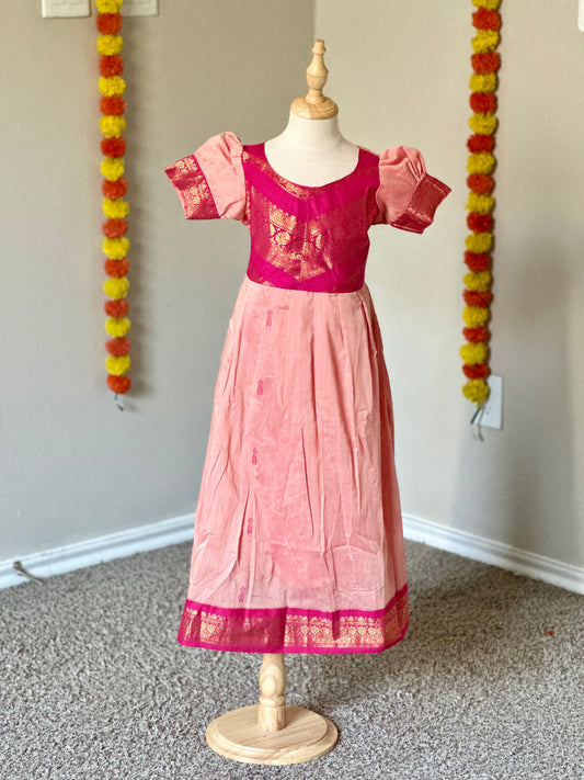 Peach and pink kalyani cotton frock