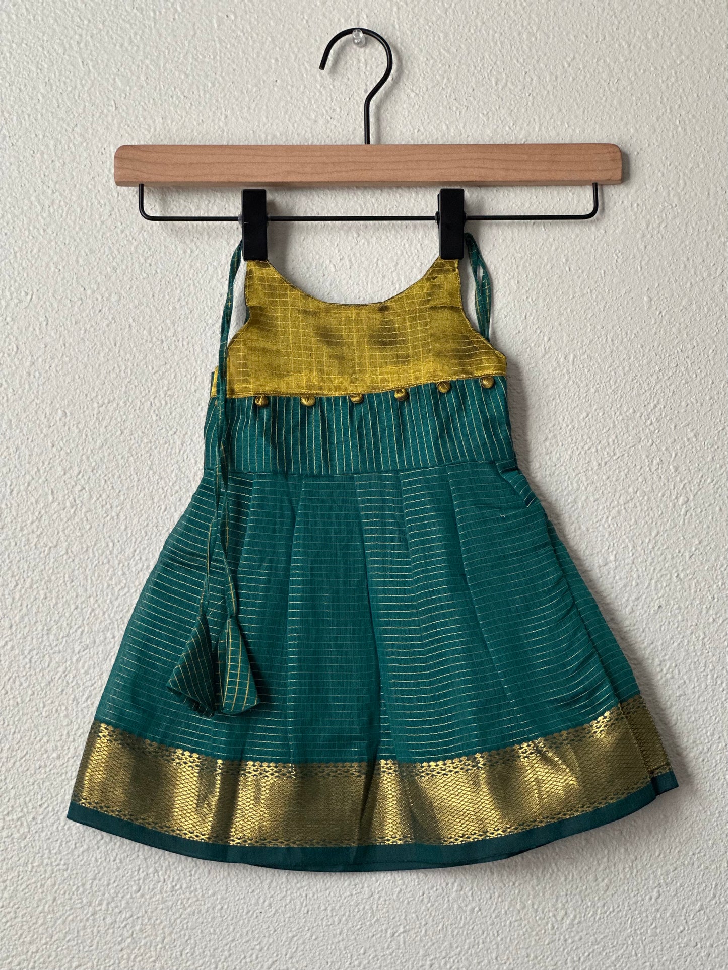Green checks and gold tie up frock