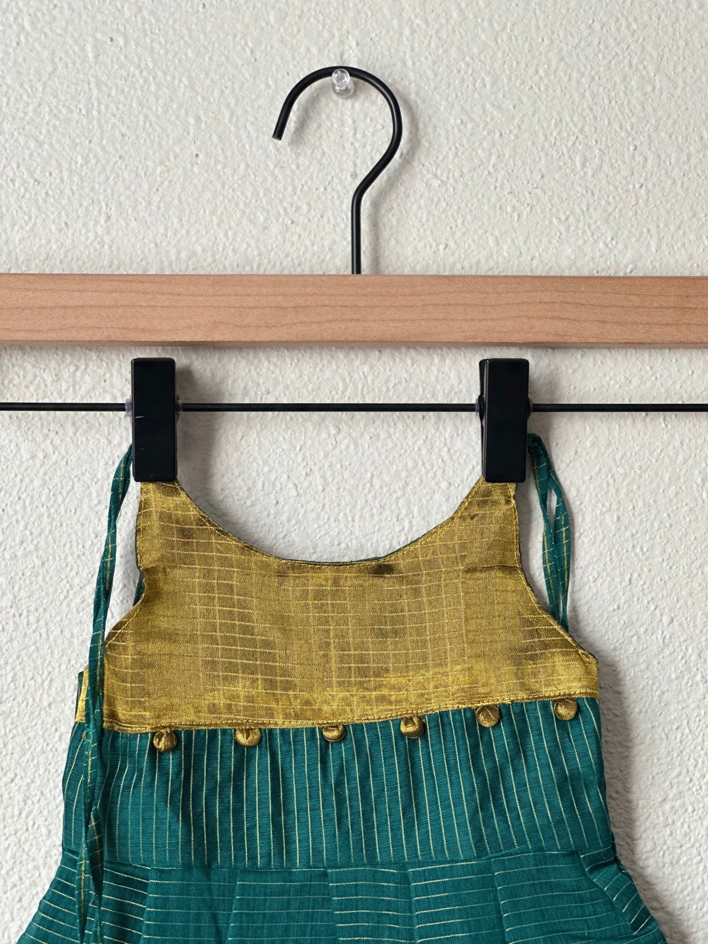 Green checks and gold tie up frock