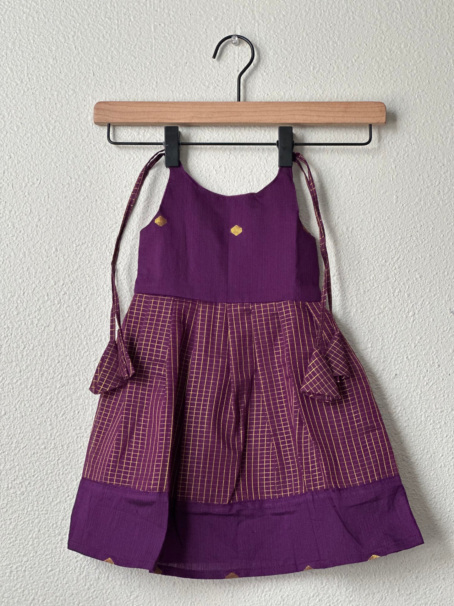 Purple checks tie up frock