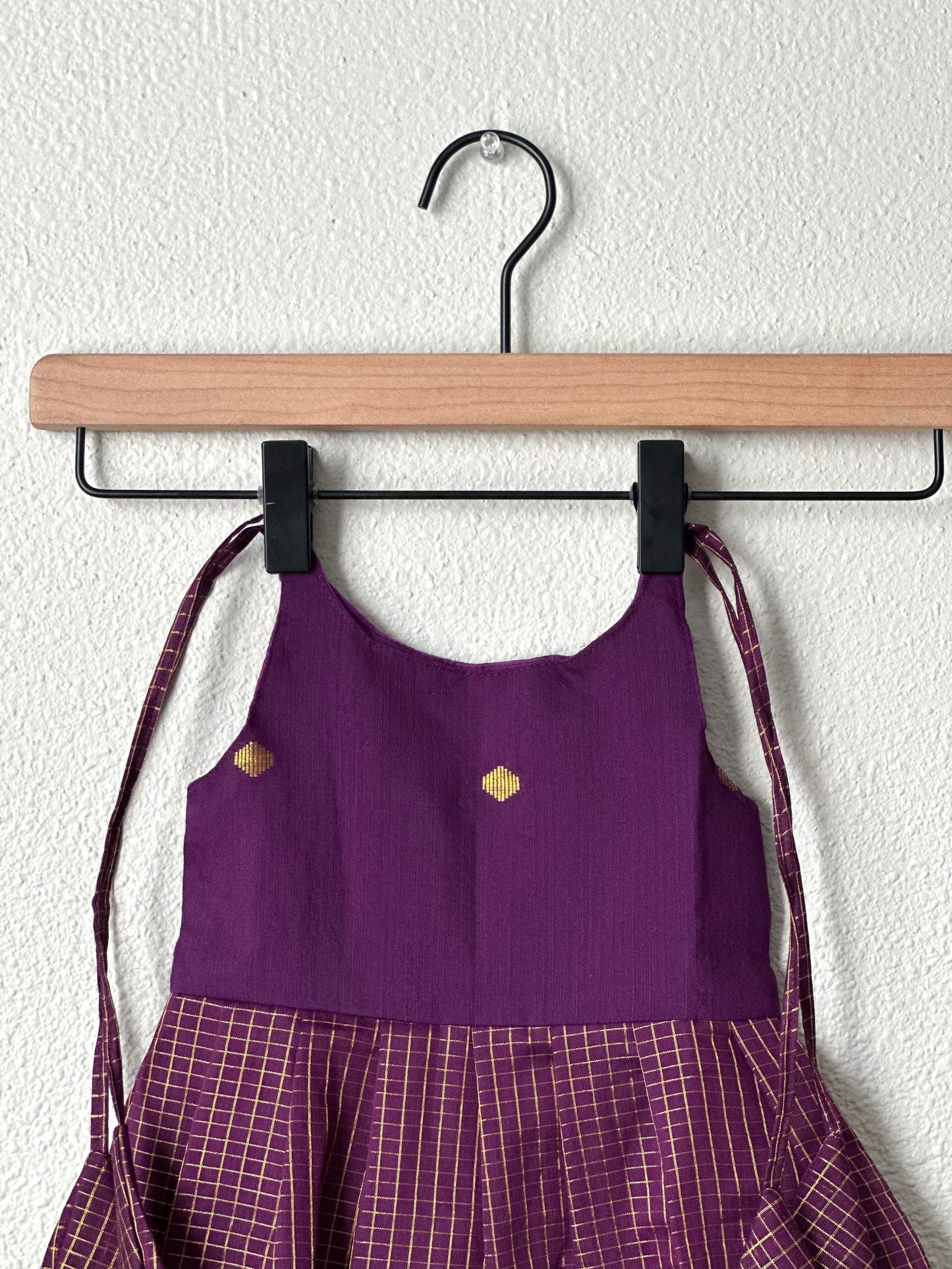 Purple checks tie up frock
