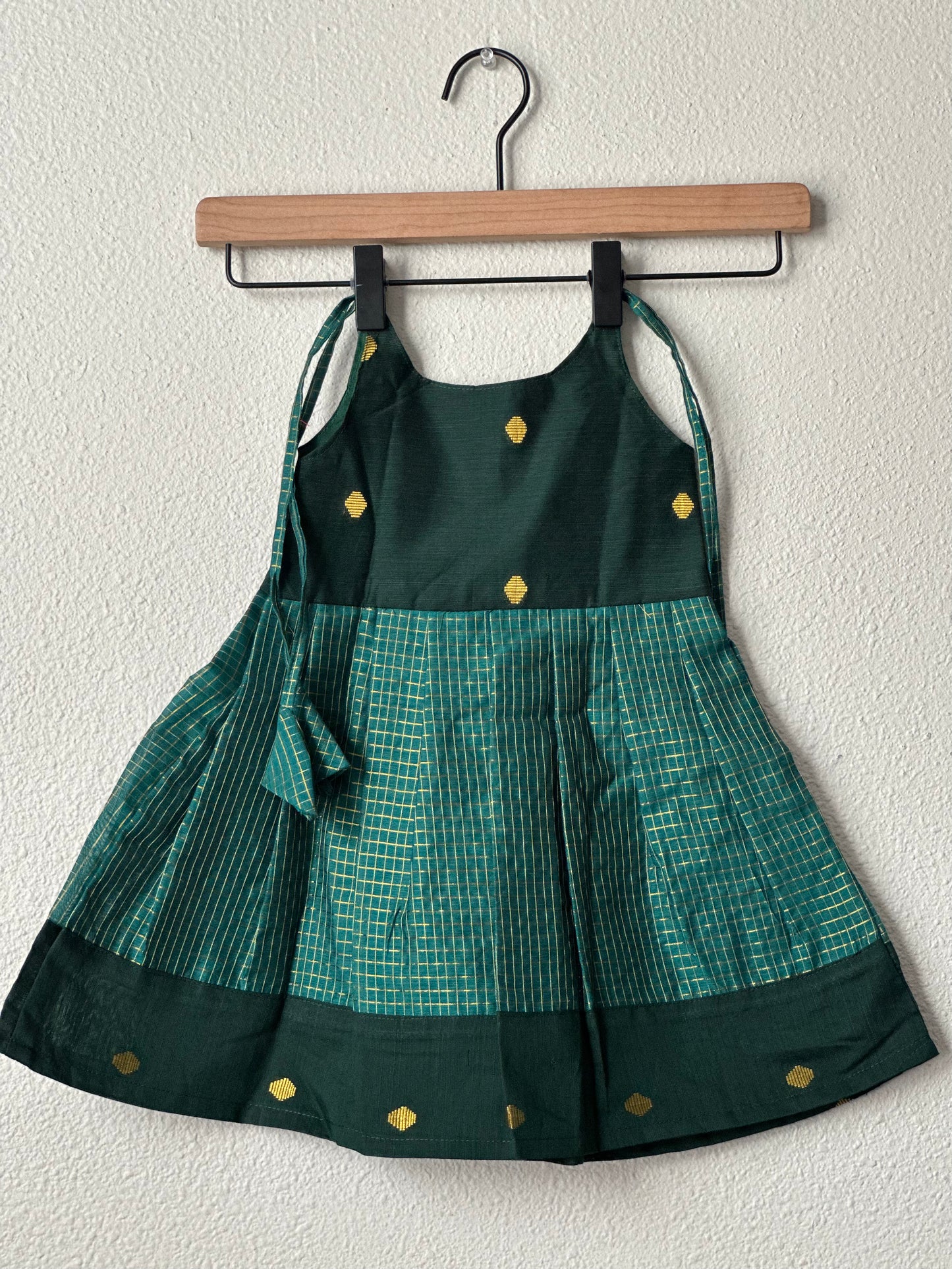 Green checks tie up frock