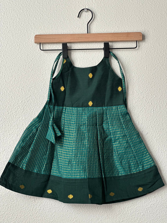 Green checks tie up frock