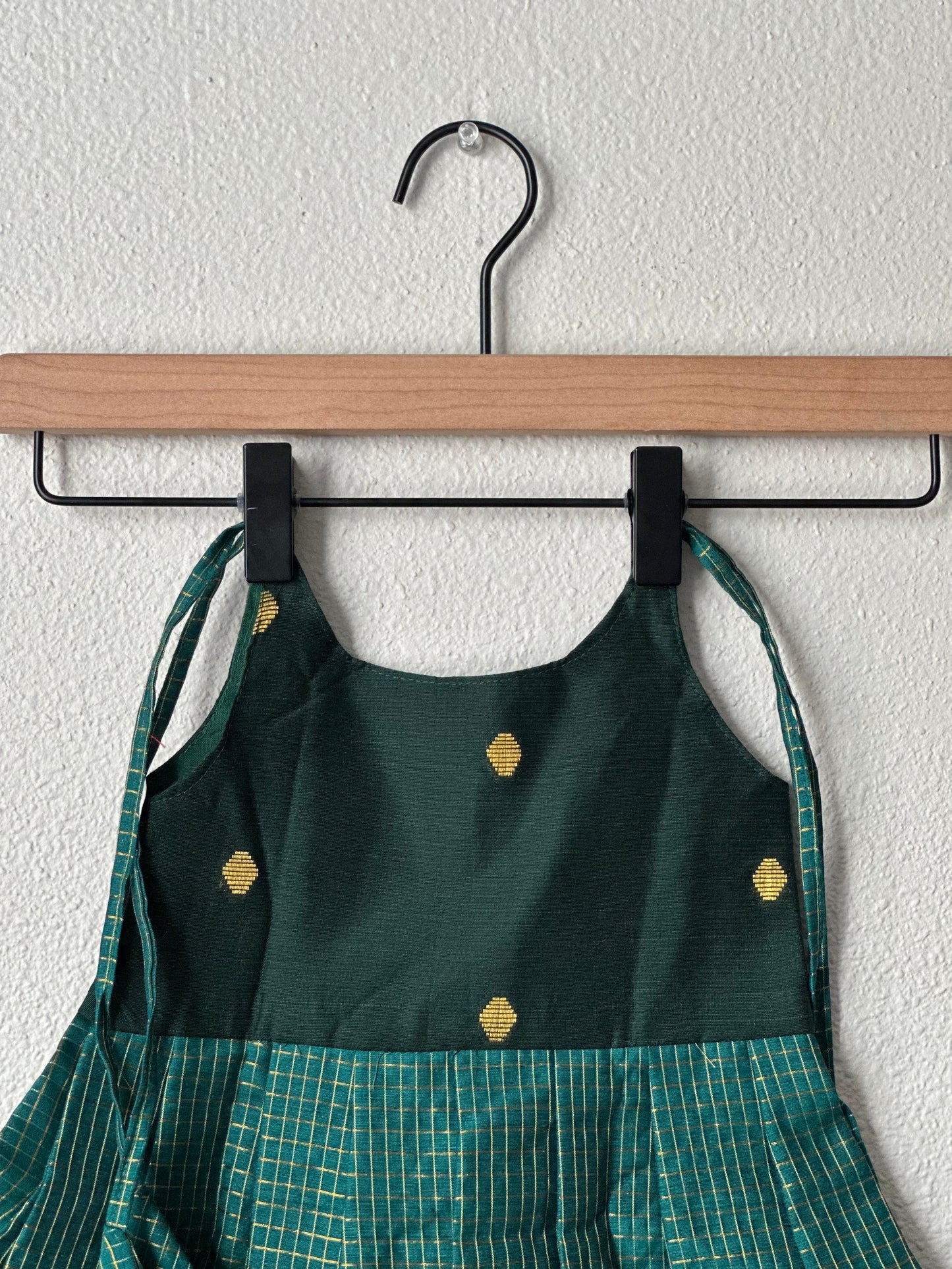 Green checks tie up frock