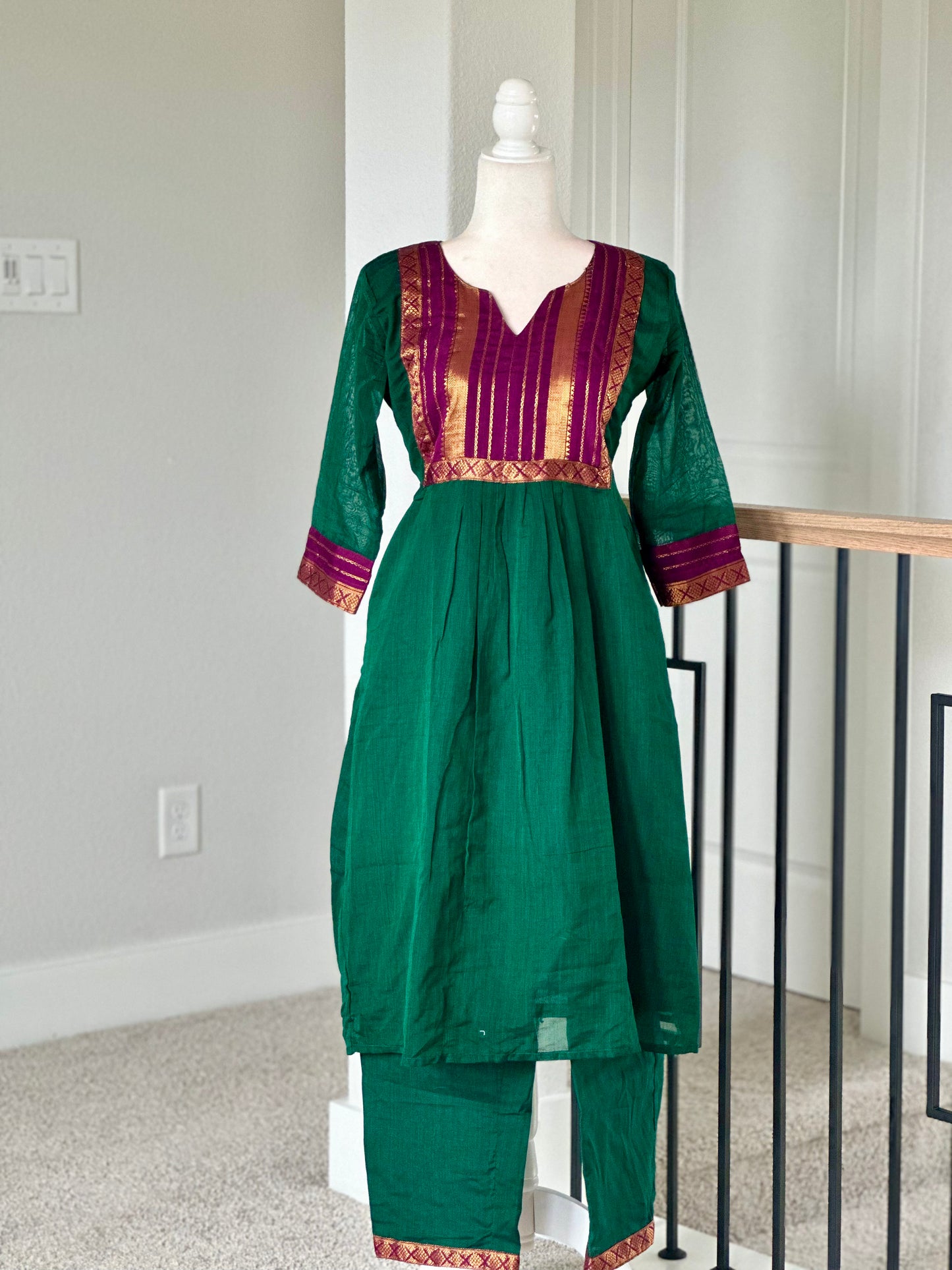Green and purple Narayanpet three piece set