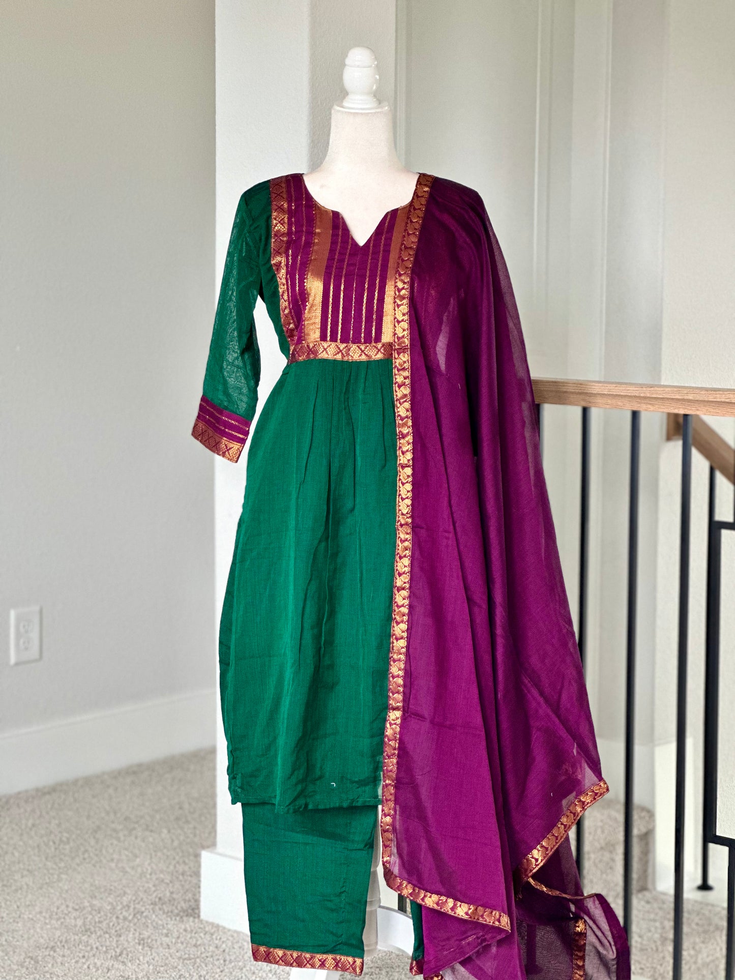 Green and purple Narayanpet three piece set
