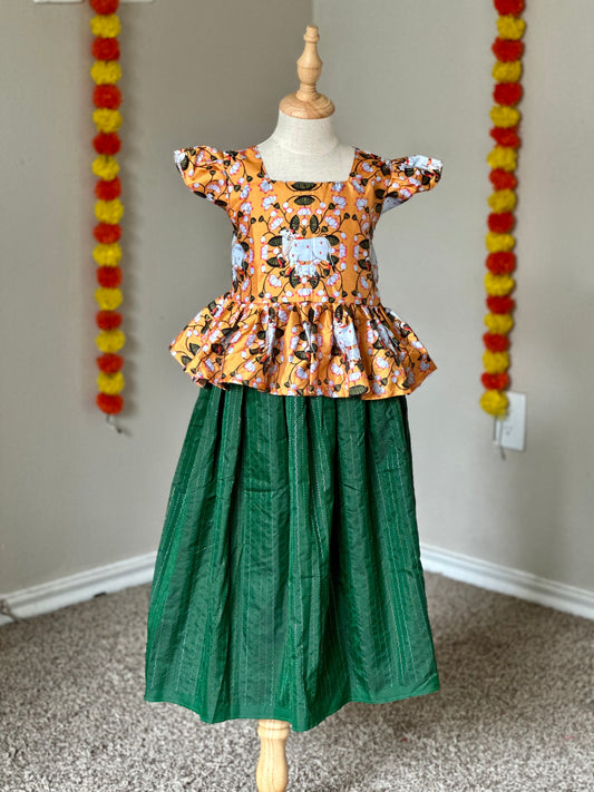 Green and Yellow Pichwai skirt and Top