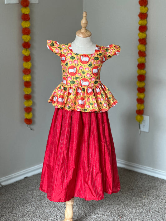 Red and Yellow Pichwai skirt and Top