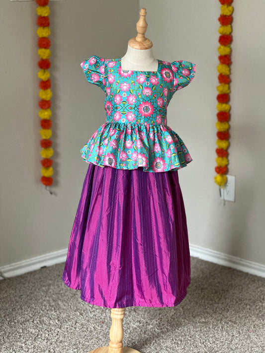 Majenta and Blue Pichwai skirt and top