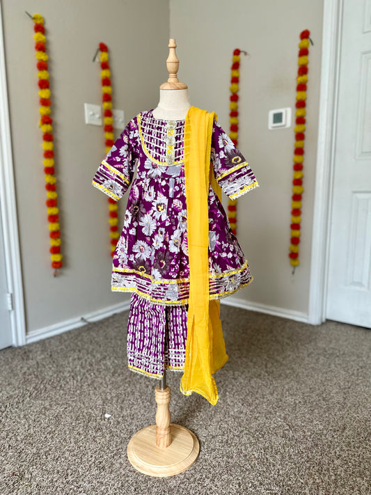 Purple and Yellow Sharara set