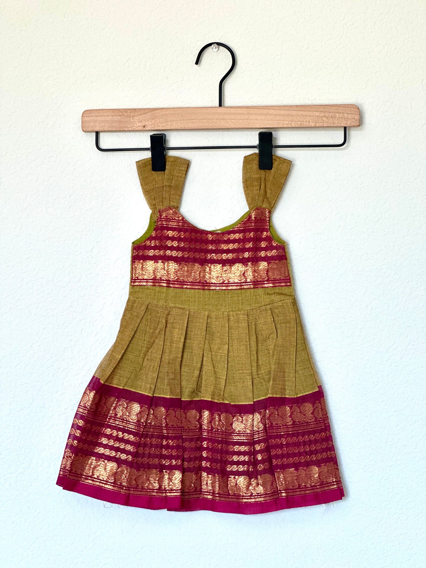 Green and pink Kanchi cotton infant frock