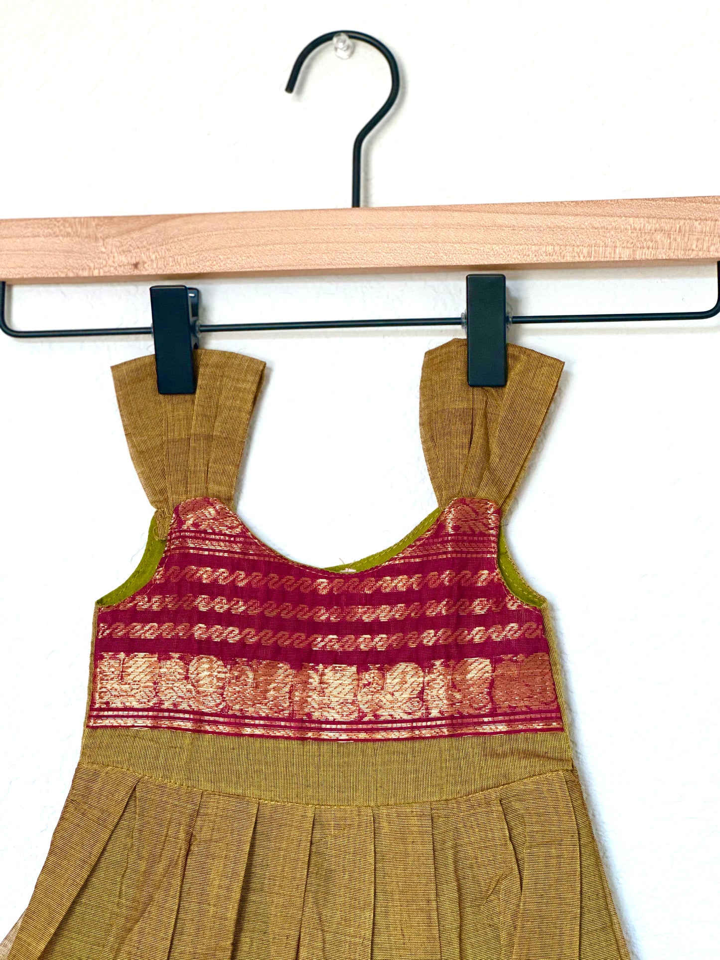 Green and pink Kanchi cotton infant frock