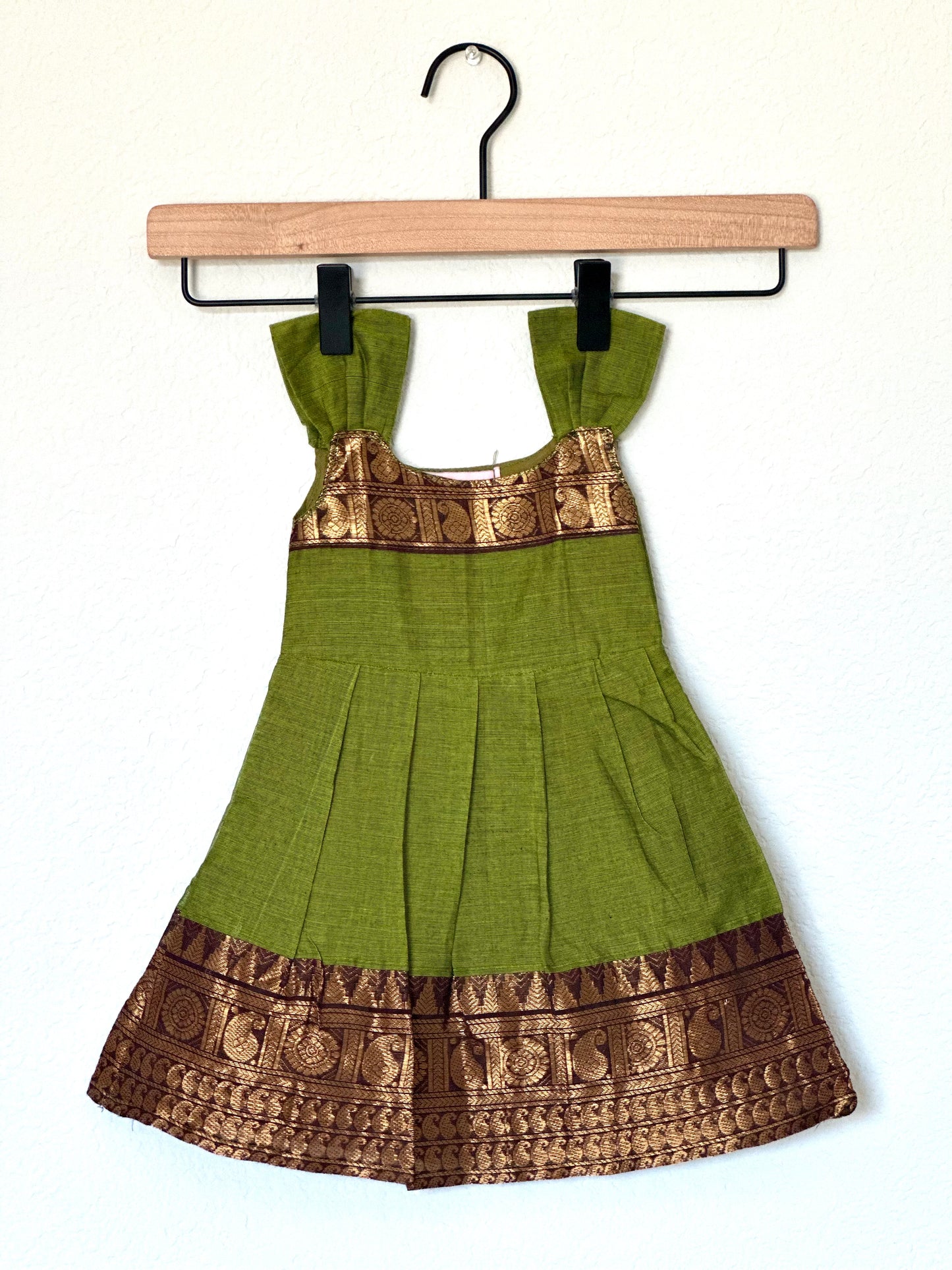 Green and brown Kanchi cotton infant frock