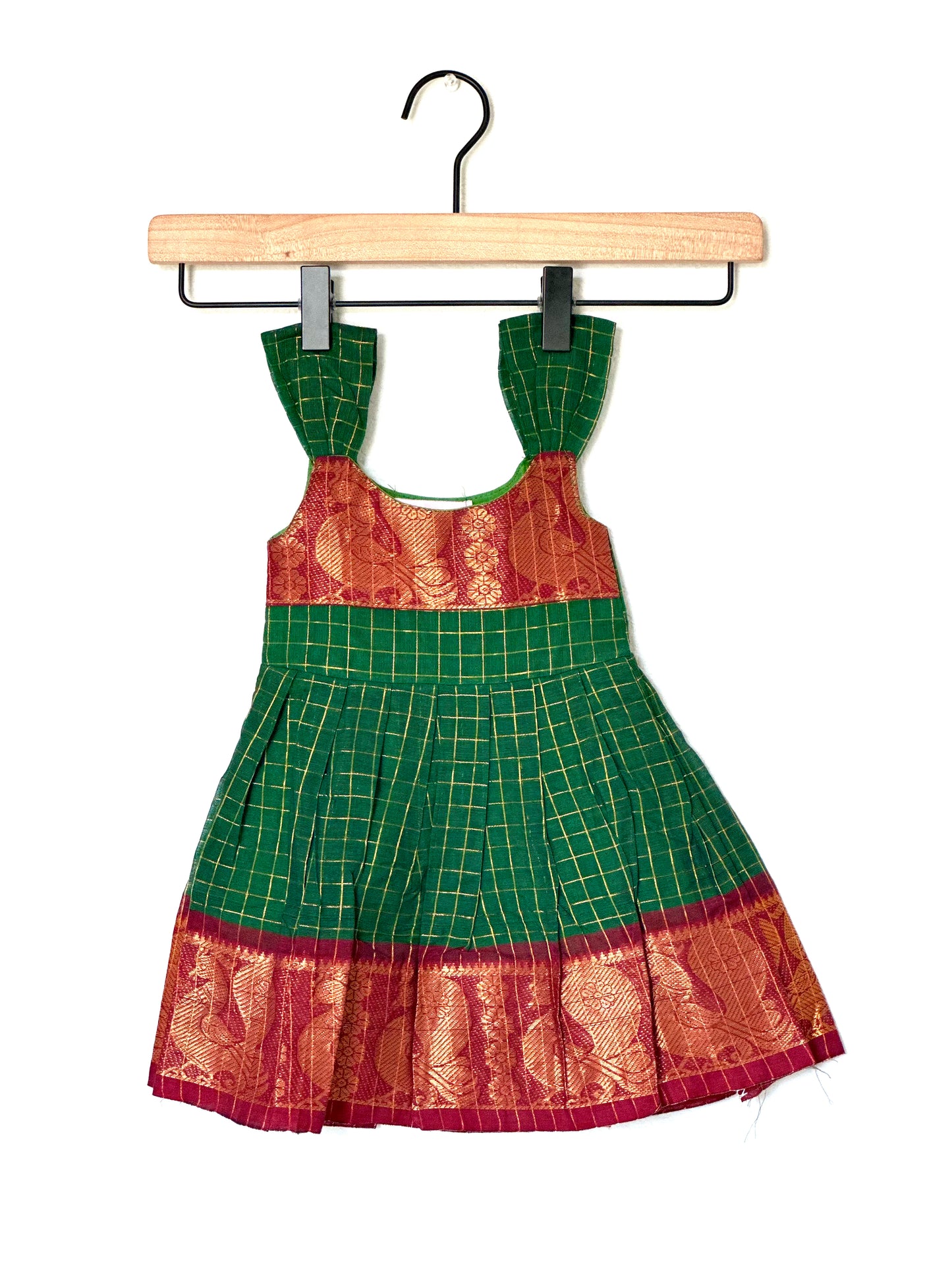 Green and maroon Kanchi cotton infant frock