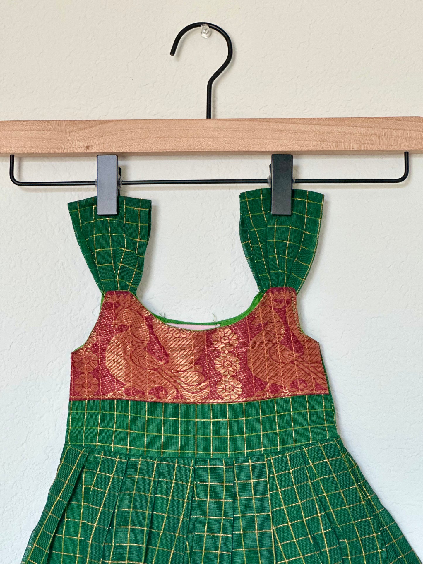 Green and maroon Kanchi cotton infant frock