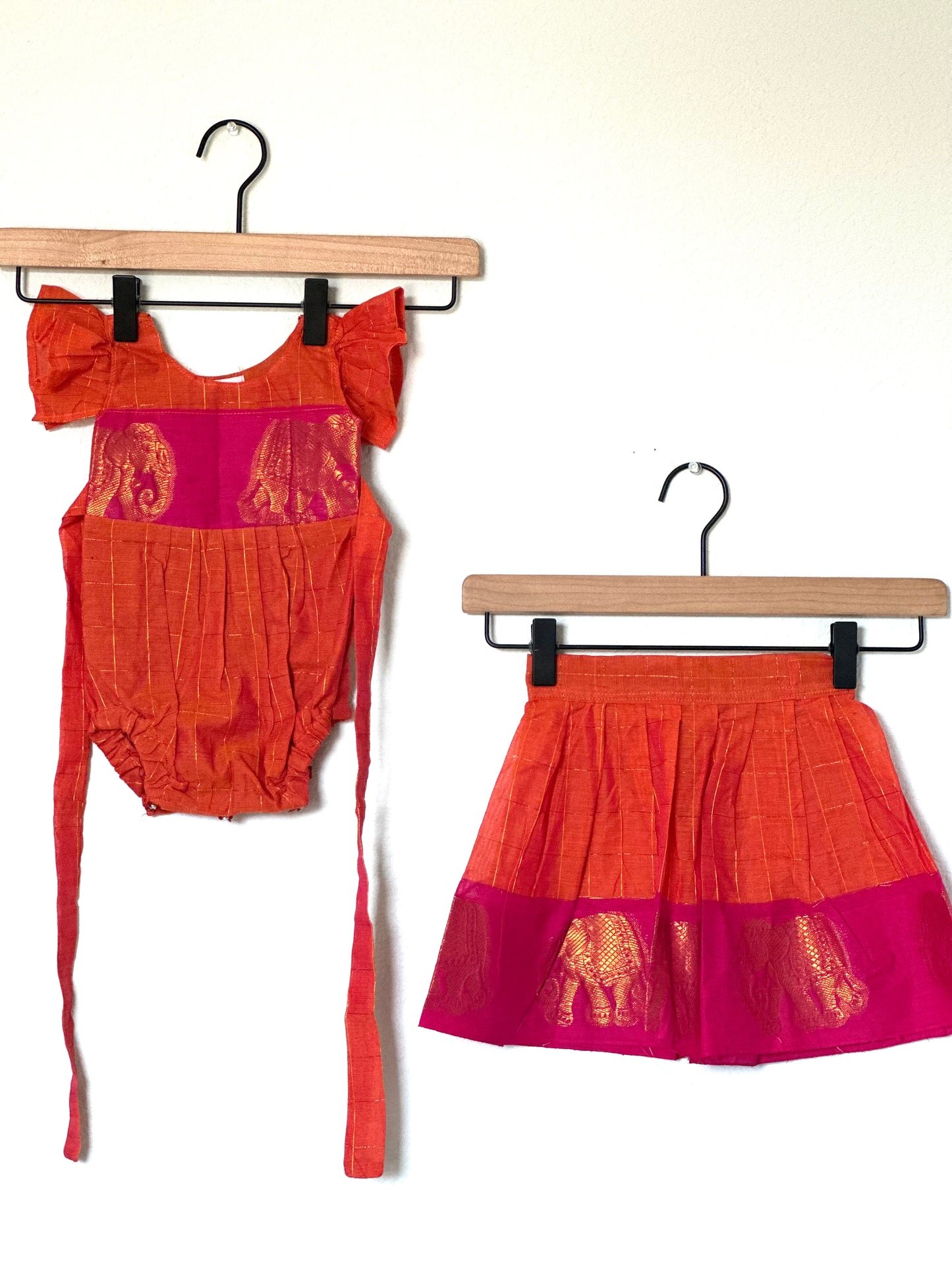 Orange and pink Kanchi cotton Infants Ethnic onesie