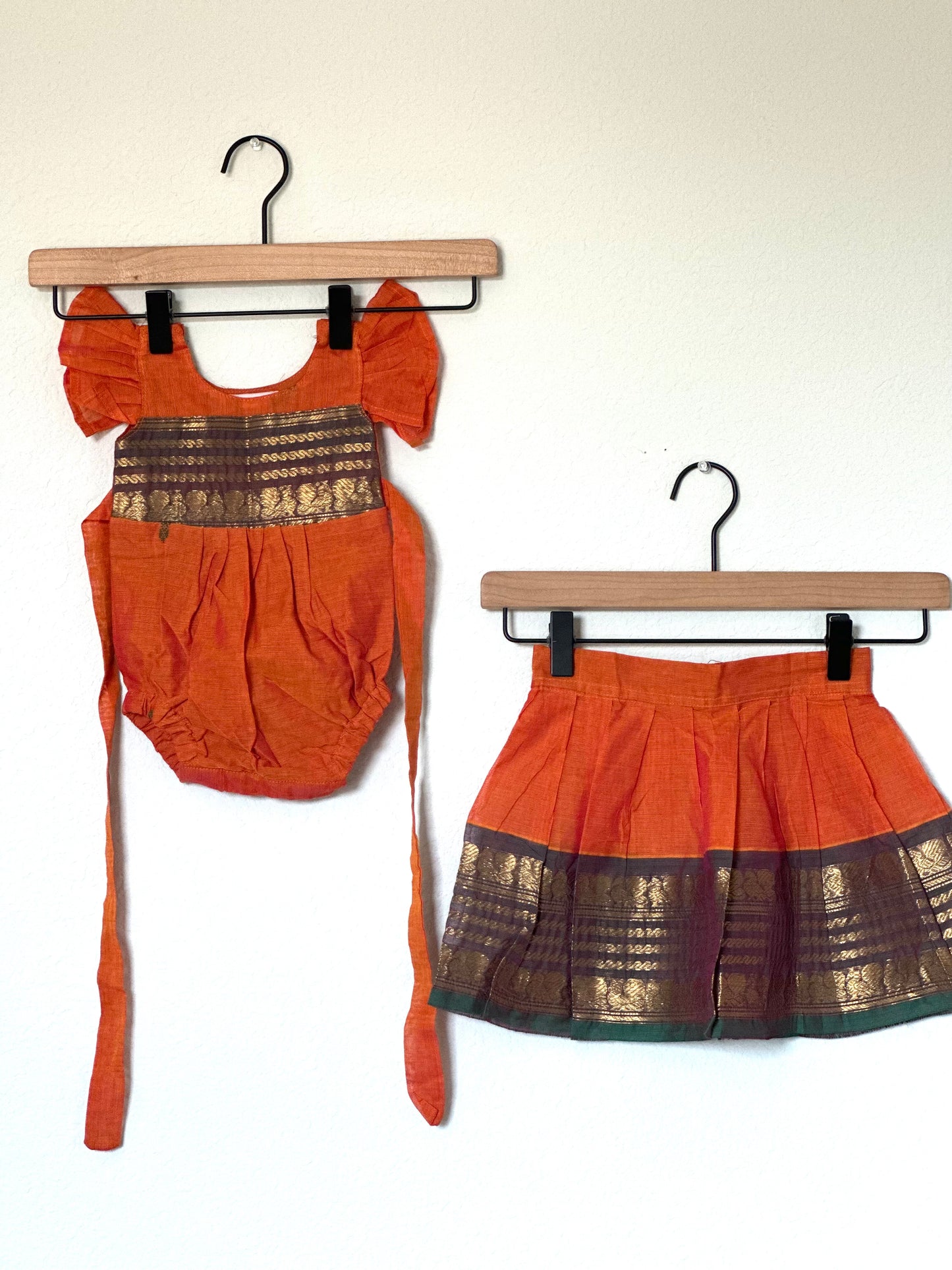 Orange and green Kanchi cotton Infants Ethnic onesie