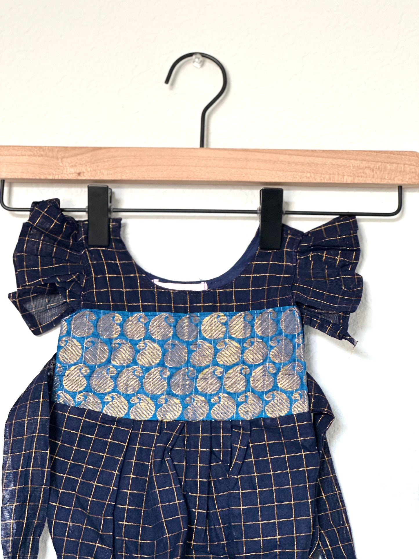 Navy Blue checks Kanchi cotton Infants Ethnic onesie