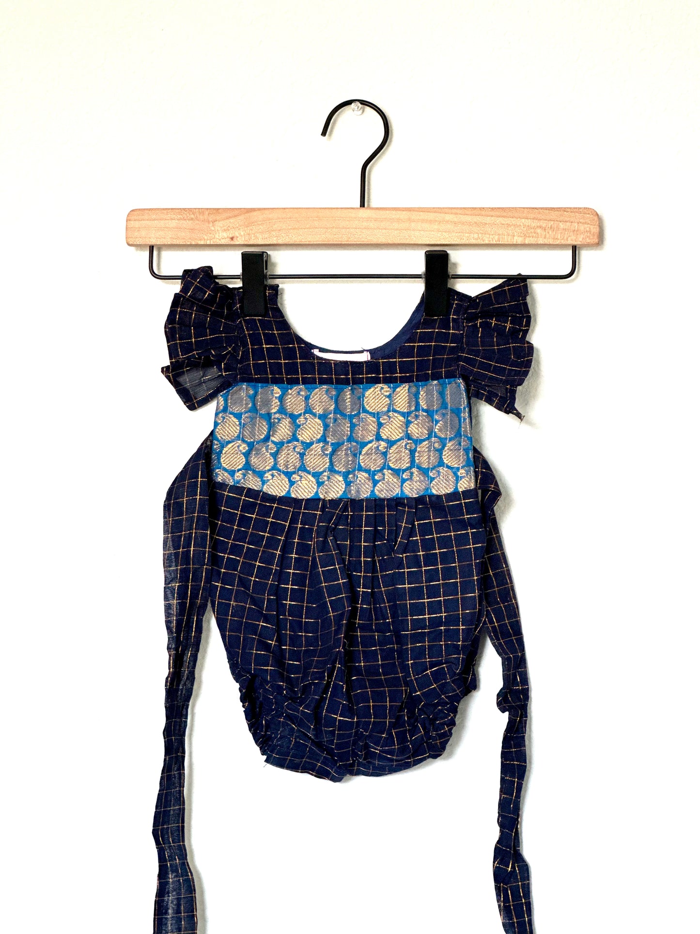 Navy Blue checks Kanchi cotton Infants Ethnic onesie