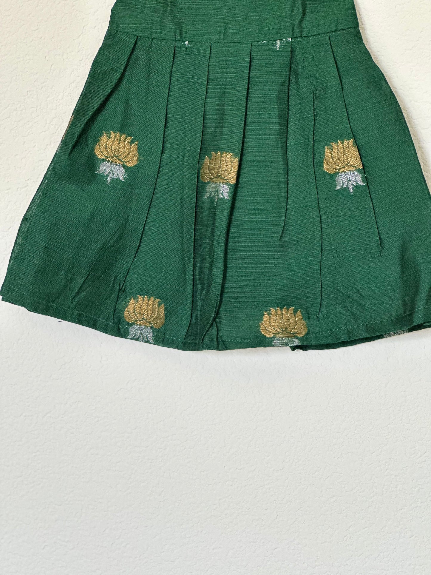Green raw silk with checks infants frock