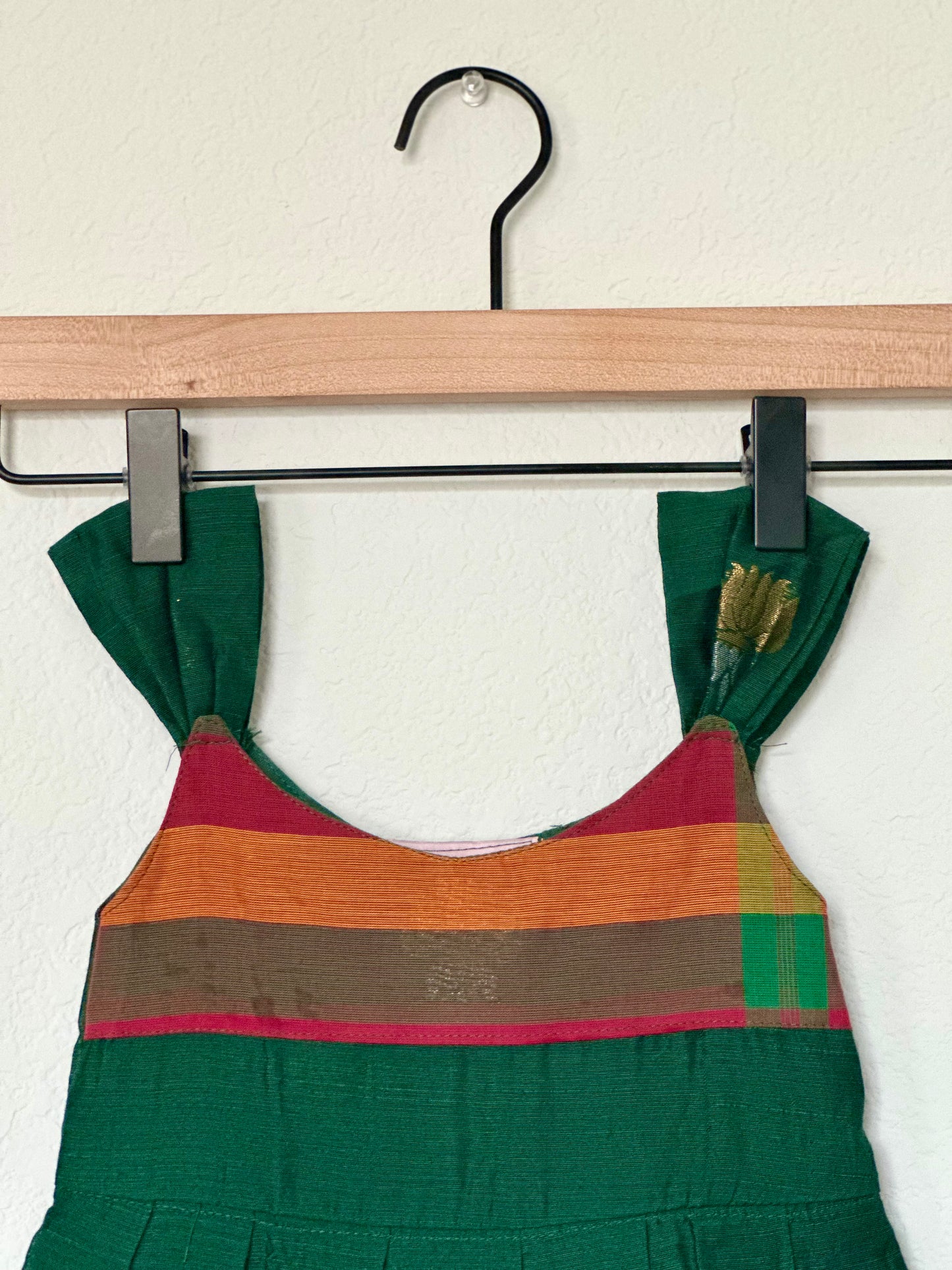 Green raw silk with checks infants frock