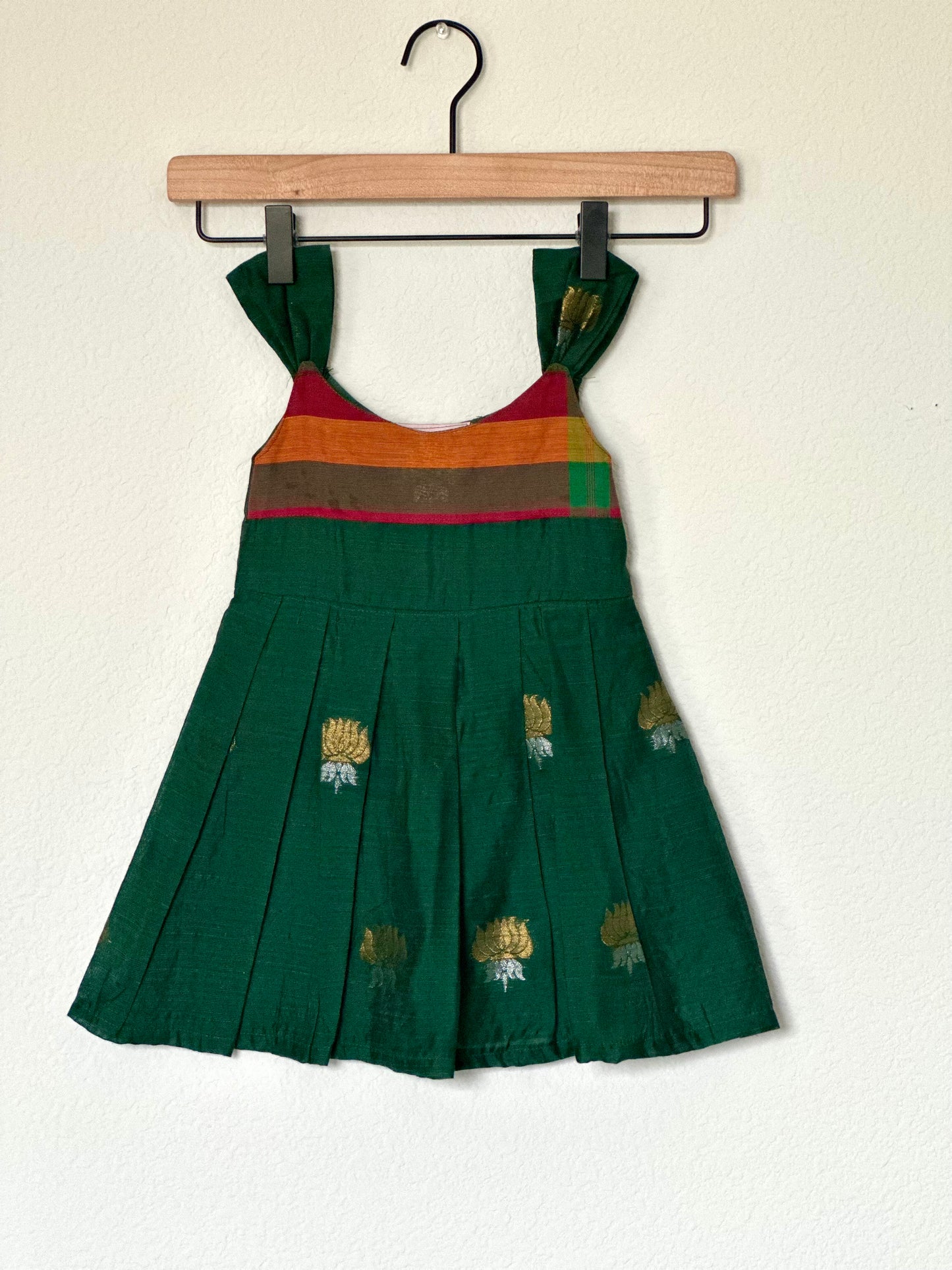 Green raw silk with checks infants frock