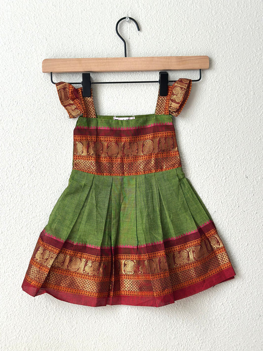 Green and maroon kanchi cotton infant frock