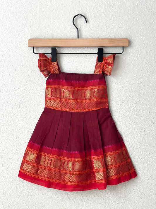 Maroon and red Kanchi cotton infant frock